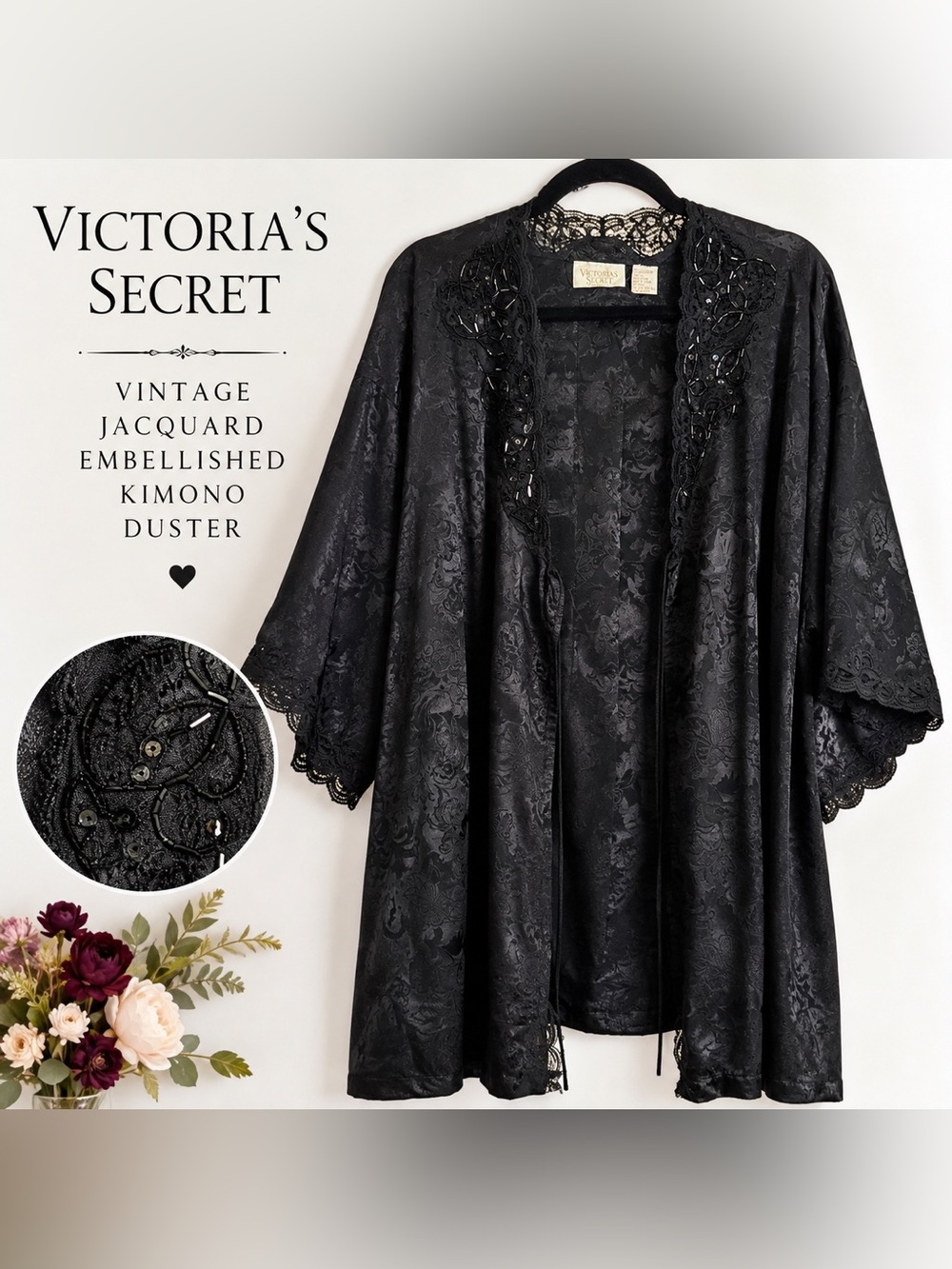 Vintage Victoria’s Secret Black Jacquard Embellished Kimono Duster Robe